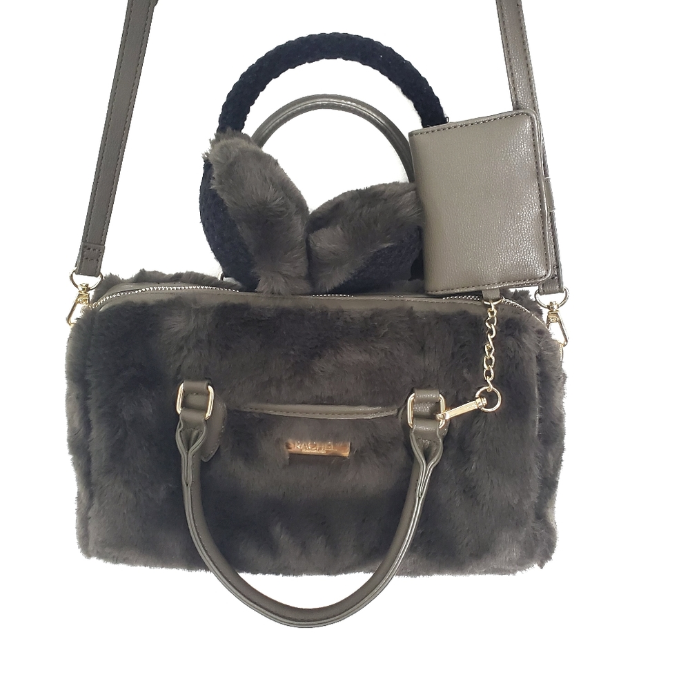 Rachel Roy Faux Fur Purse Bag Set w/ Earmuffs and Wallet Dark Green New.